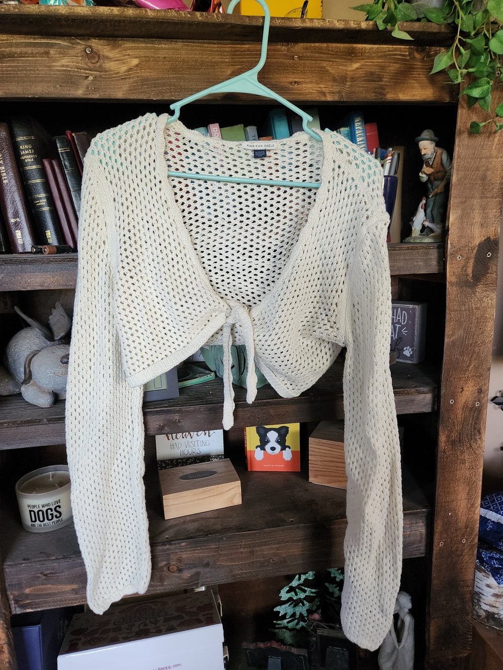 American Eagle Outfitters Cream Open-Knit Cropped Tie-Front Shrug